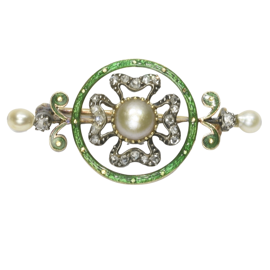 Victorian 15k Gold, Diamond, Pearl & Green Enamel Brooch - Ejay Antiques