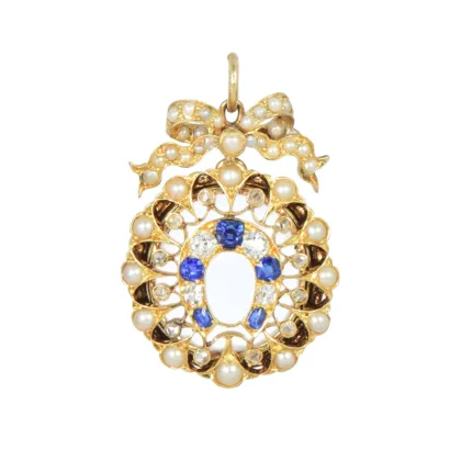 Edwardian Diamond Sapphire & Pearl Horseshoe Locket