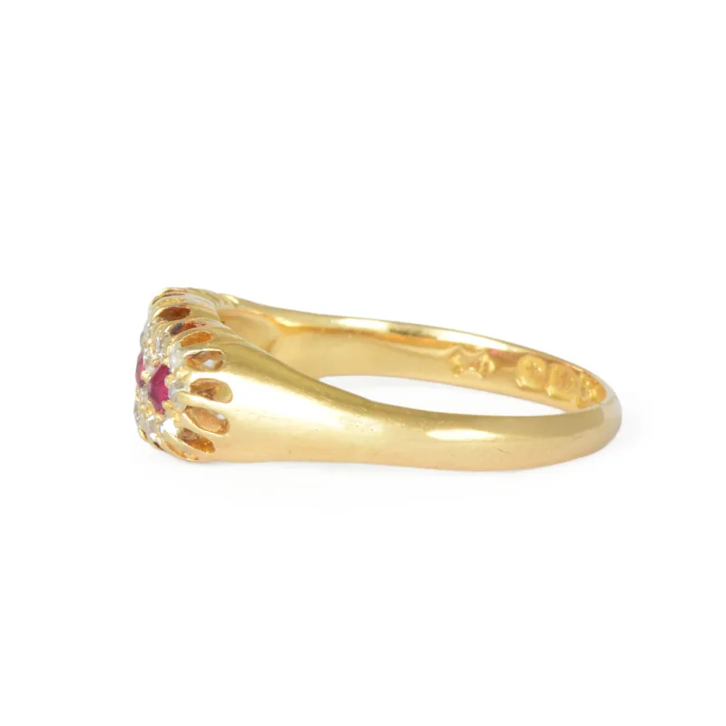 Edwardian 18k Gold Ruby & Diamond Triple Cluster Ring