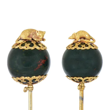 19th Century Gold Bloodstone Cat Mouse Stick Pins Top Front Jpg