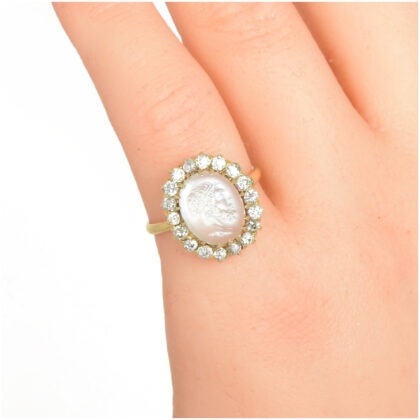 Antique Carved Moonstone Cameo & Diamond Ring