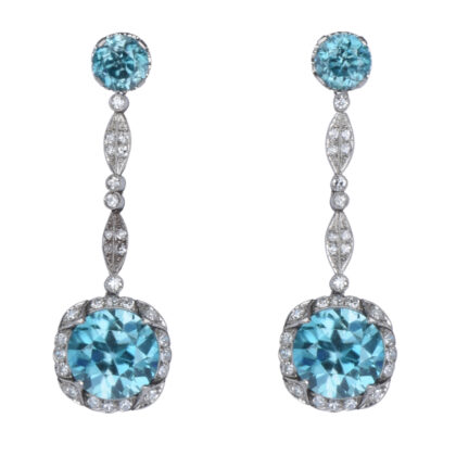 Art Deco Platinum Blue Zircon & Diamond Drop Earrings