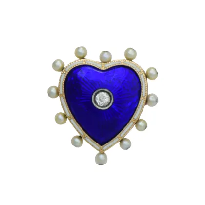 Victorian Blue Enamel, Diamond & Pearl Heart Brooch