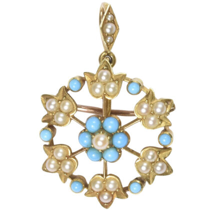Edwardian 15k Gold, Turquoise And Pearl Tulip Pendant/Brooch