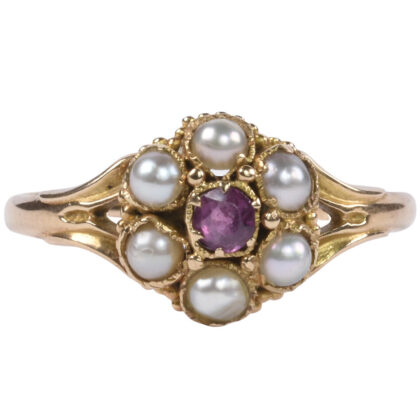 Victorian 15k Gold, Pearl & Ruby Cluster Ring
