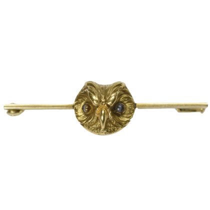 Early 20th Century 14k Gold Wise Owl Bar Brooch With Agate Eyes - Front