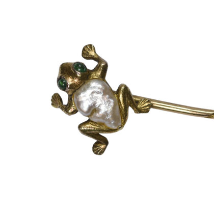 Early 20th Century 15k Gold, Pearl & Emerald Frog Stick Pin - Front