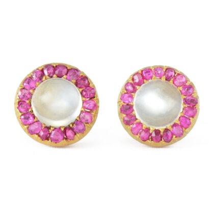 Edwardian 14k Gold Ruby & Moonstone Earrings