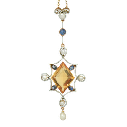 Edwardian 15k Gold Citrine, Sapphire & Pearl Pendant
