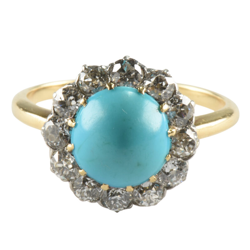 Edwardian 18k Gold, Diamond & Turquoise Cluster Ring - Ejay Antiques