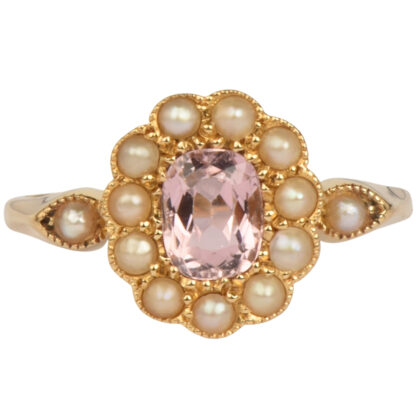 Edwardian 18k Gold Pink Topaz & pearl Cluster Ring Hallmarked 1906