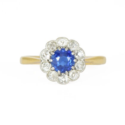 Edwardian 18k Gold Sapphire and Diamond Daisy Cluster Ring