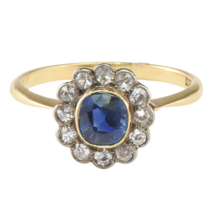 Edwardian 18k Gold, Sapphire & Diamond Cluster Ring