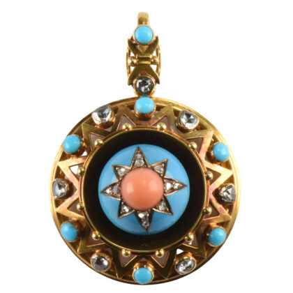High Victorian 15ct Gold, Turquoise, Diamond, Coral & Enamel Locket Pendant