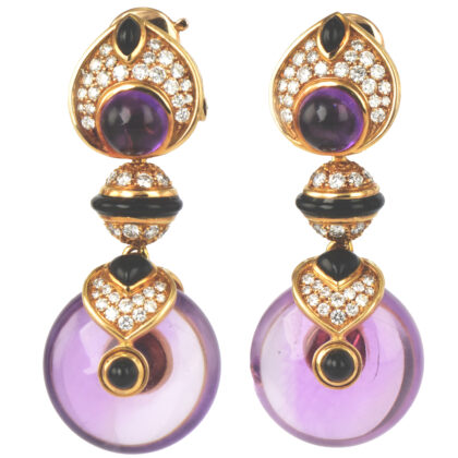 Marina B 18k Gold, Amethyst, Onyx & Diamond “Pneu” Earrings