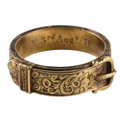 Rare Victorian 18k Gold Engraved Buckle Ring With Secret Compartment c.1870