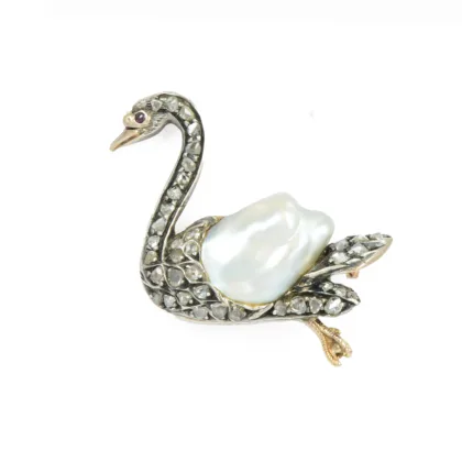Victorian Diamond & Pearl Swan Brooch