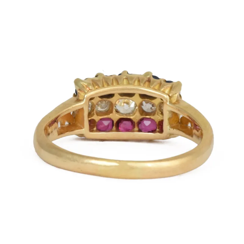 Victorian 18k Gold, Ruby, Diamond & Sapphire Three Row Ring