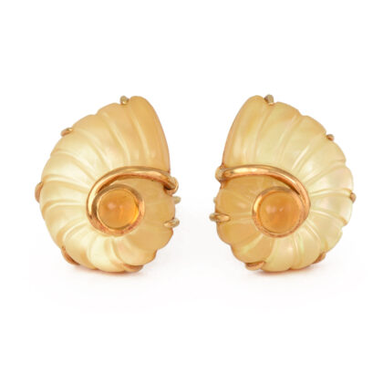 Verdura 18k Gold Carved Citrine & Mother Of Pearl Shell Earrings