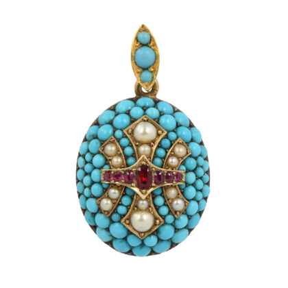 Victorian 15k Gold Pave Set Turquoise, Ruby & Pearl Locket
