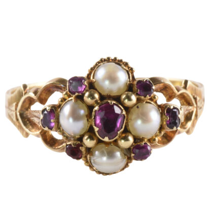 Victorian 15k Gold Ruby & Pearl Cluster Ring