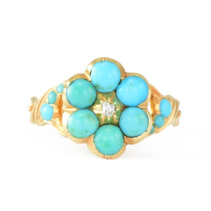 Victorian 15k Gold Turquoise & Diamond Cluster Ring