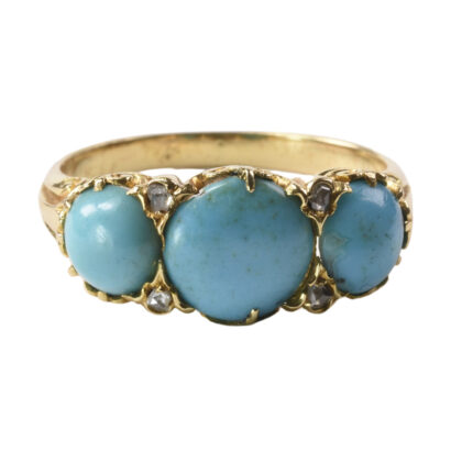 Victorian 18K Gold Three Stone Turquoise & Diamond Ring