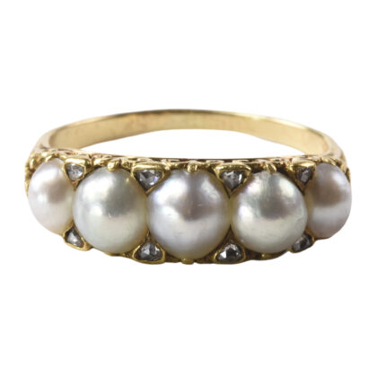 Victorian Carved 18k Gold, Pearl & Diamond Ring