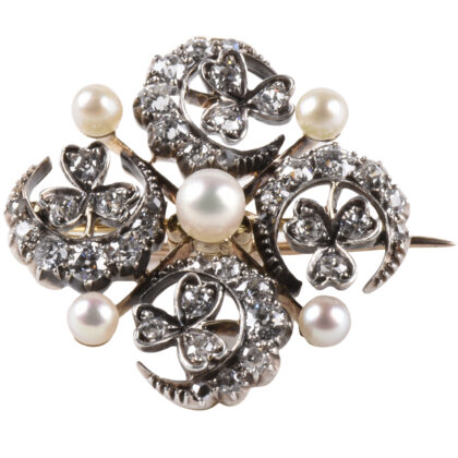 Victorian Diamond, Pearl Crescent & Clover Pendant/ Brooch