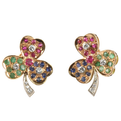 Vintage 18K Gold, Ruby, Sapphire, Emerald & Diamond Shamrock Earrings